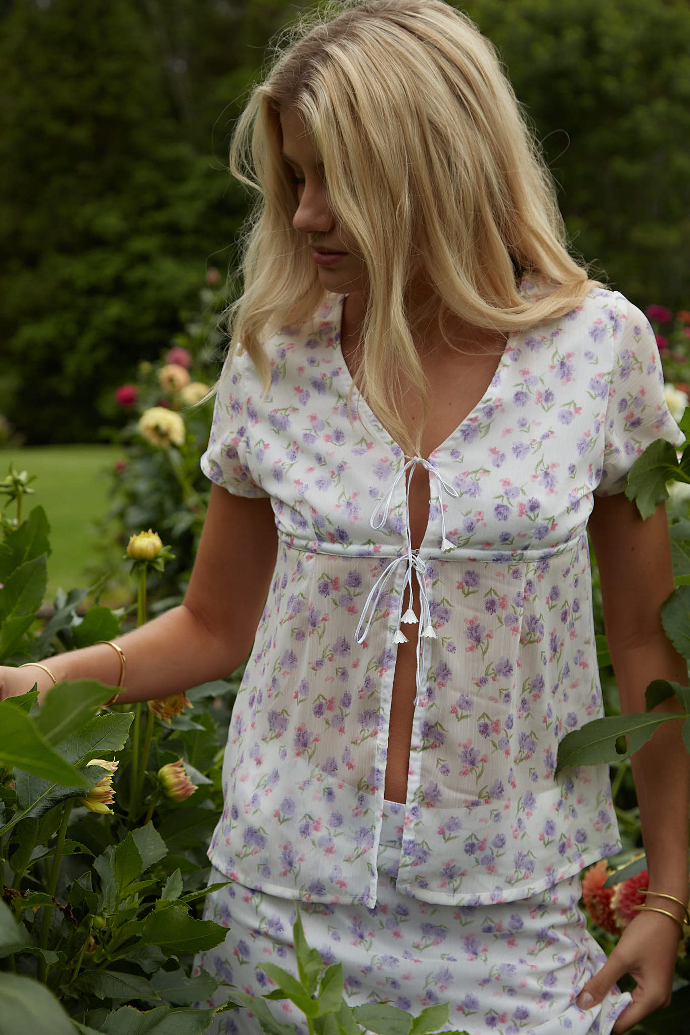 White floral ethereal matching set. Tie up blouse and mini skirt. Designed by Zarfie.