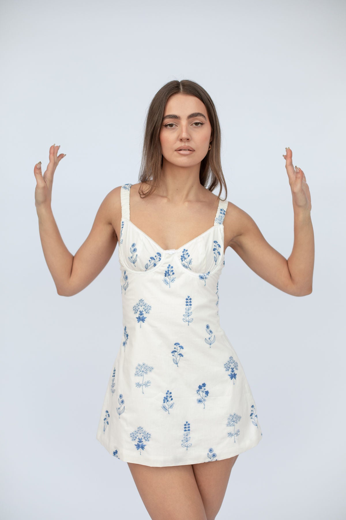 Blue and white floral mini dress. Fully lined Cotton. Designed by Zarfie.