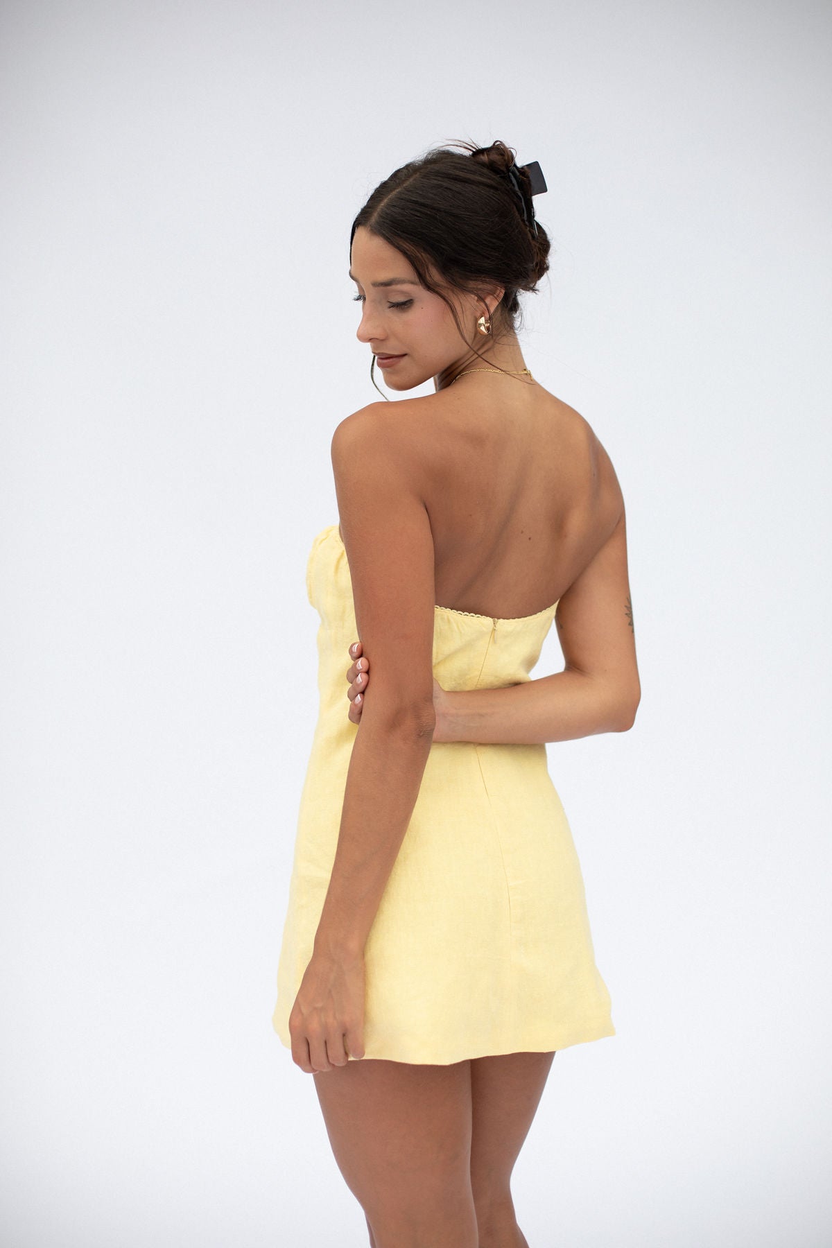 Zarfie strapless butter yellow mini dress linen summer 