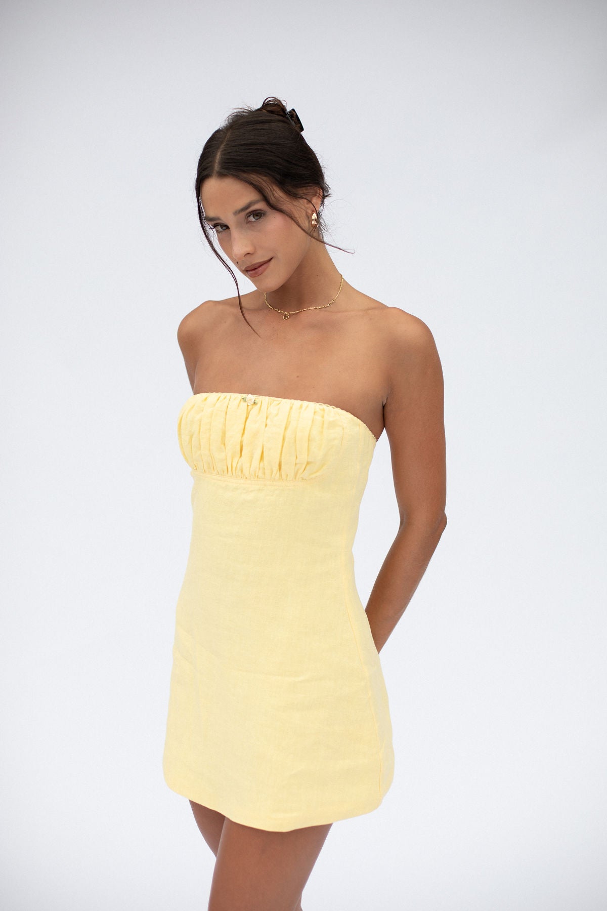 Zarfie strapless butter yellow mini dress linen 